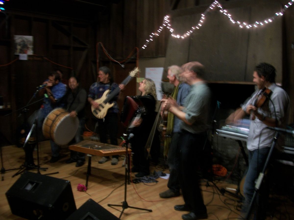 A band jamming in a barn under strings of fairy lights — harmonica, bass, accordion, fiddle and a big frame drum